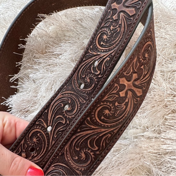 Nocona Turquoise Inlay Silver Cross Brown Leather Belt - Picture 2 of 8